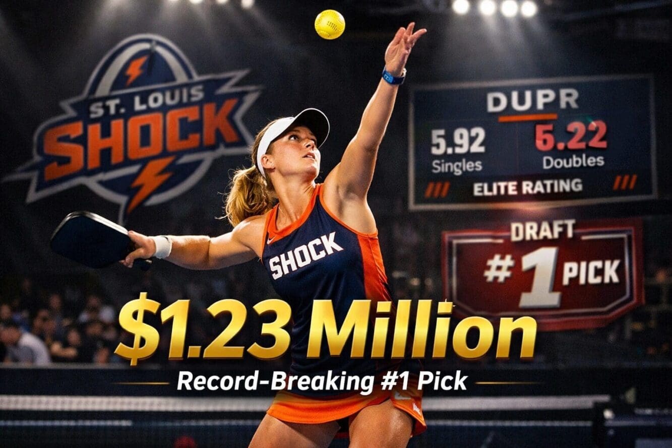 Landscape format (1536x1024) editorial image showing Anna Bright mid-serve on professional pickleball court with dramatic lighting, overlaid