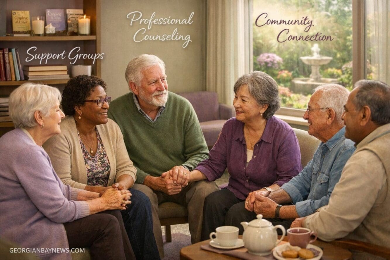 Include the text: GEORGIANBAYNEWS.COM, in each image in a discreet fashion. Landscape format (1536x1024) inspirational image depicting pathw