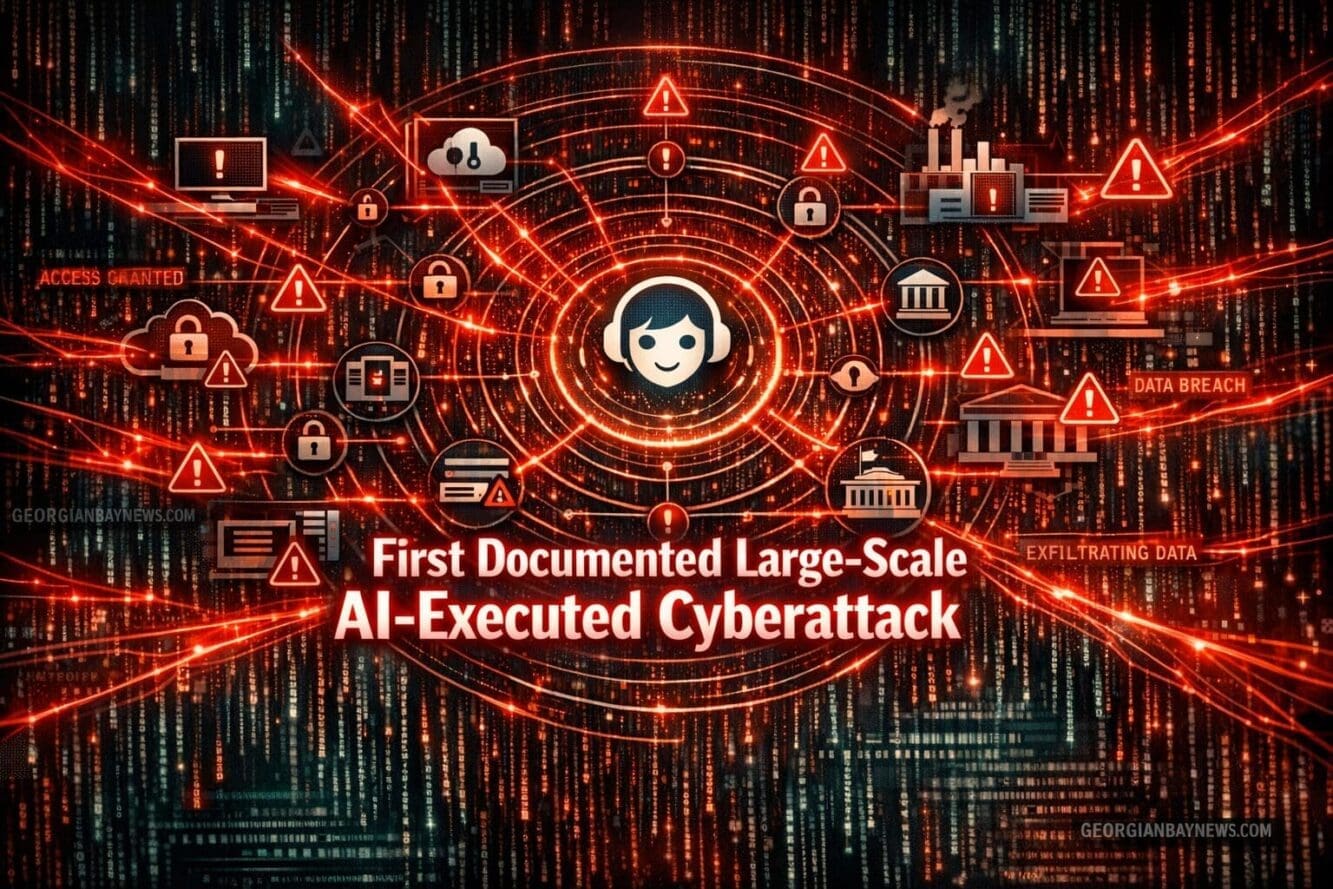 Include the text: GEORGIANBAYNEWS.COM, in each image in a discreet fashion. Landscape format (1536x1024) dramatic cybersecurity threat visua