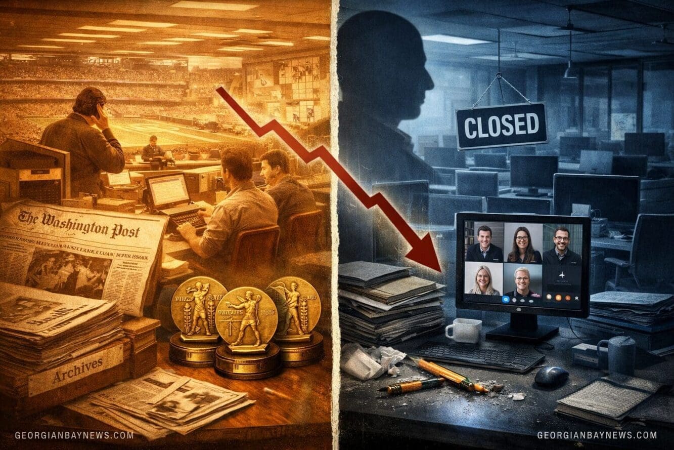 Include the text: GEORGIANBAYNEWS.COM, in each image in a discreet fashion. Landscape format (1536x1024) conceptual image depicting media in
