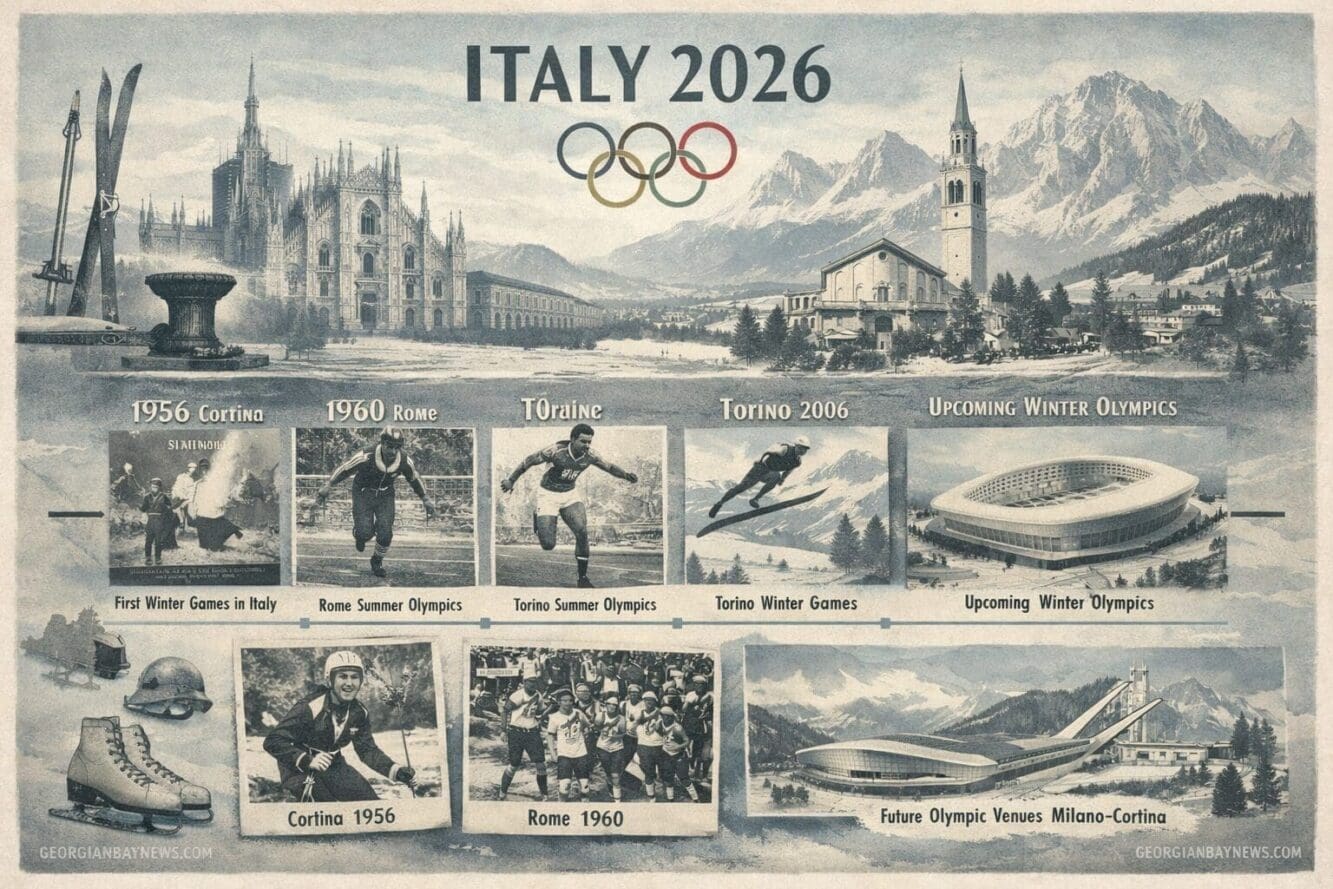 Include the text: GEORGIANBAYNEWS.COM, in each image in a discreet fashion. Historic Significance of Olympics Italy 2026 visual narrative, s