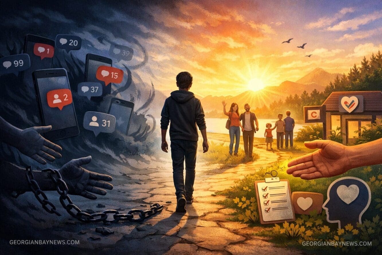 Include the text: GEORGIANBAYNEWS.COM, in each image in a discreet fashion. Landscape format (1536x1024) conceptual illustration showing pat