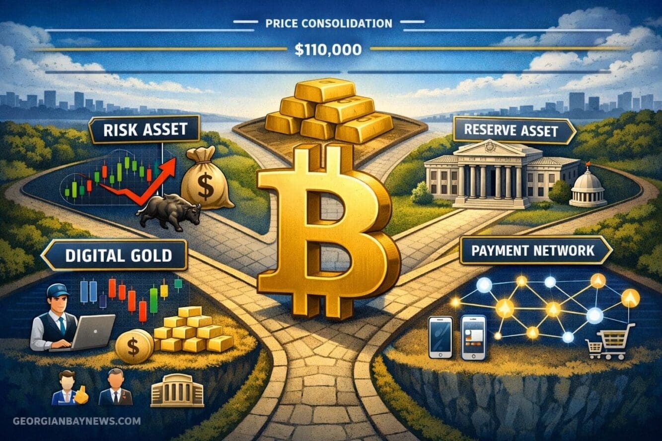 Include the text: GEORGIANBAYNEWS.COM, in each image in a discreet fashion. Landscape format (1536x1024) conceptual illustration depicting B