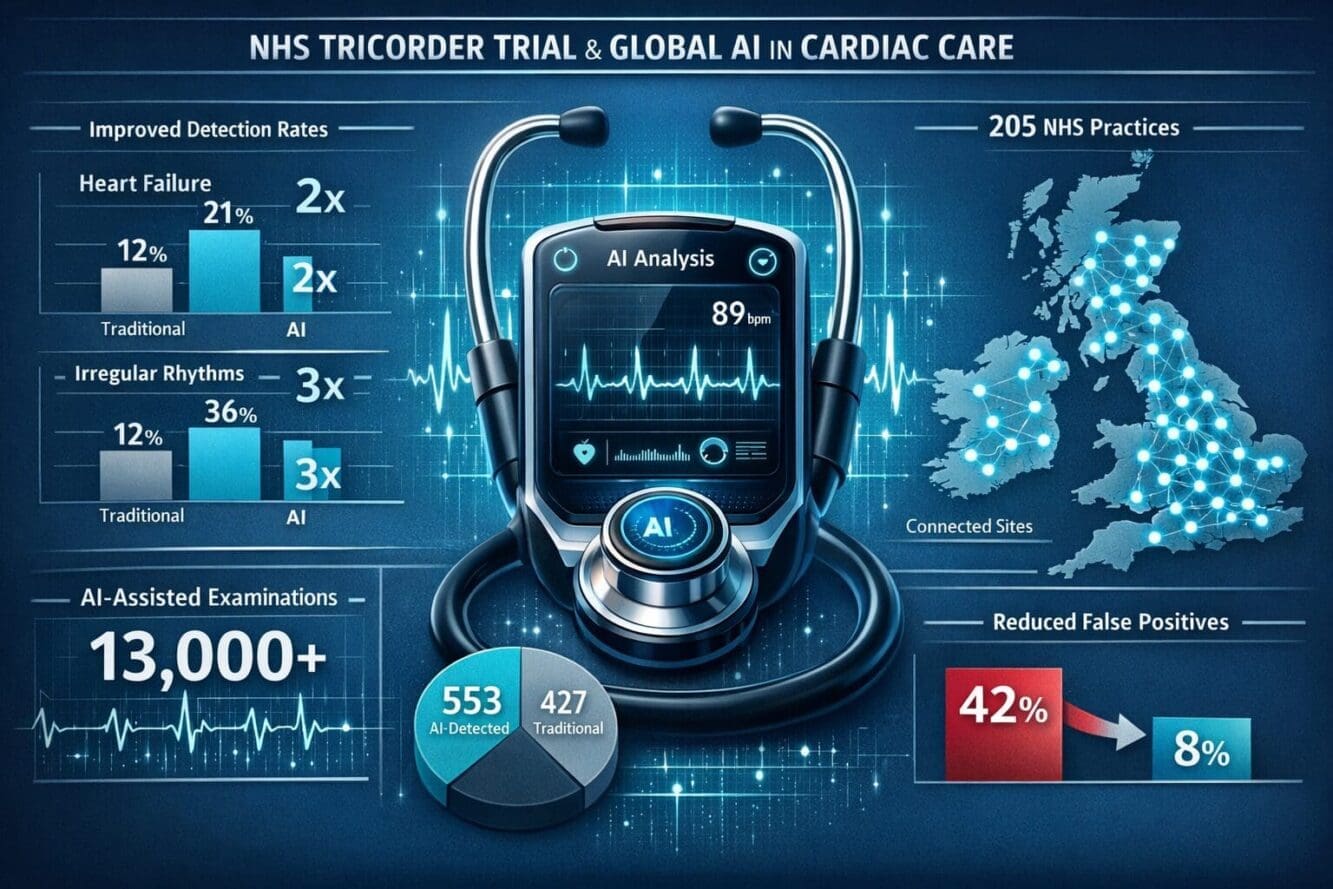 Landscape format (1536x1024) comprehensive infographic showing NHS TRICORDER trial results and global AI cardiac care implementation. Centra