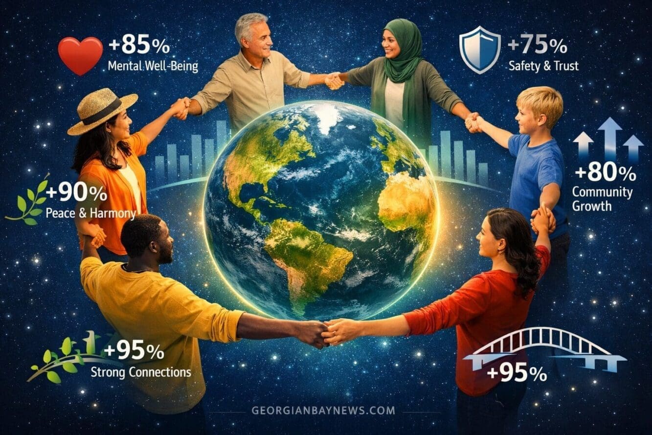 Include the text: GEORGIANBAYNEWS.COM, in each image in a discreet fashion. Landscape format (1536x1024) conceptual infographic-style image 