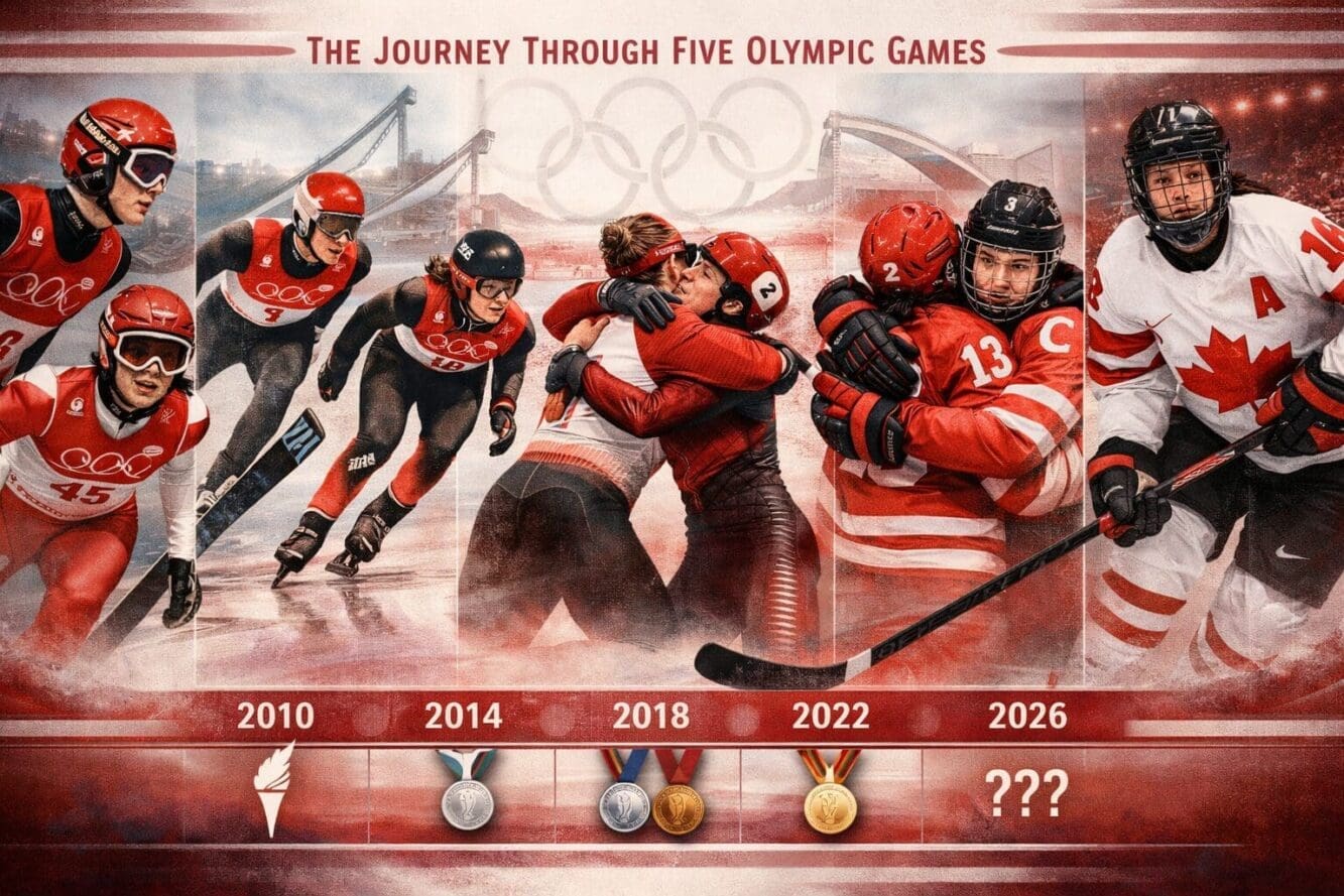 Dynamic panoramic composition visualizing 'The Journey Through Five Olympic Games' with split-screen photographic montage of Mackenzie Boyd-