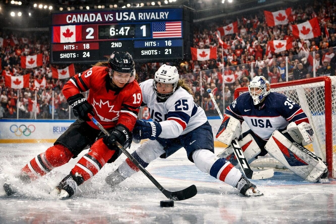 Landscape format (1536x1024) action-packed hockey game scene showing intense Canada vs USA women's hockey matchup on Olympic ice. Foreground