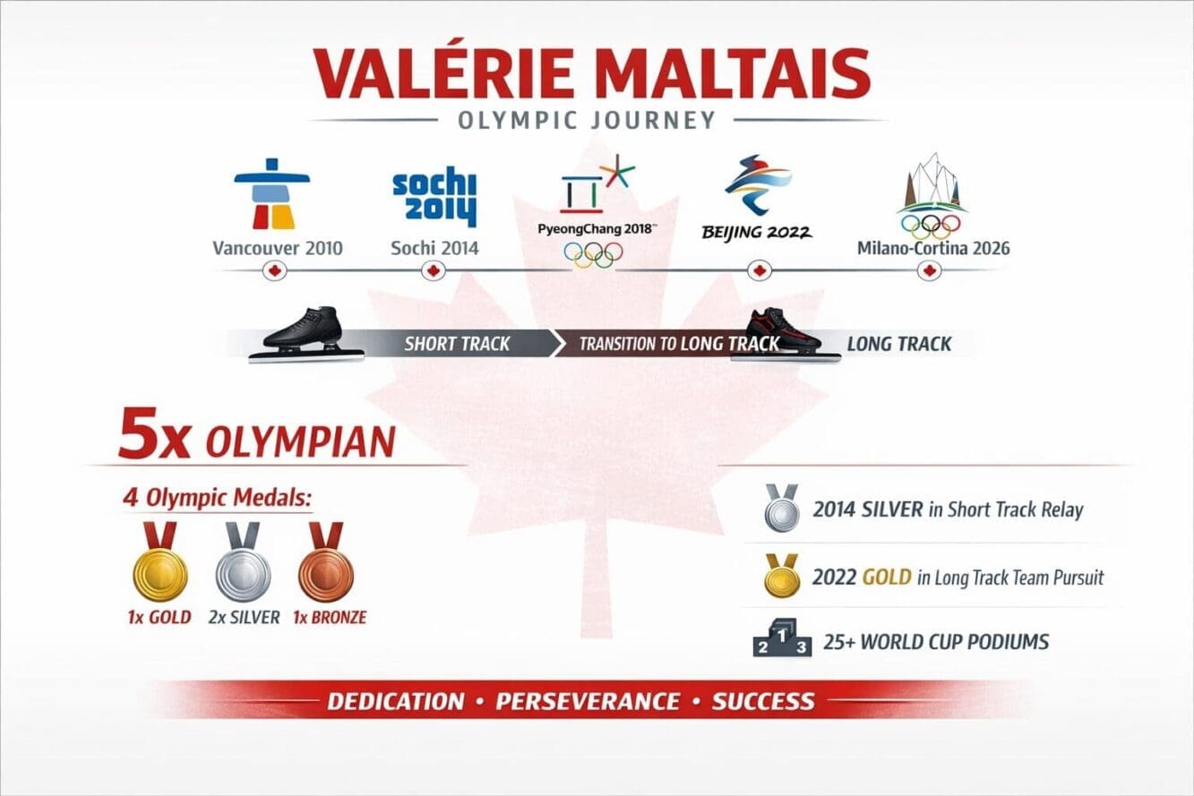 Landscape format (1536x1024) infographic-style image displaying Valérie Maltais's Olympic journey timeline from 2010 to 2026 showing five Ol