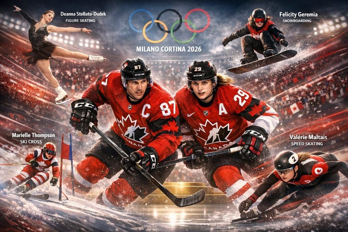 Landscape format (1536x1024) dynamic sports action composite featuring Team Canada's key medal contenders in their respective disciplines. C