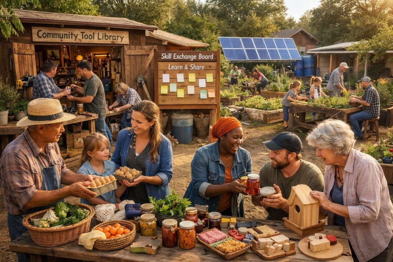Landscape format (1536x1024) realistic photograph of thriving small home community cooperative economy in action. Scene shows diverse group 
