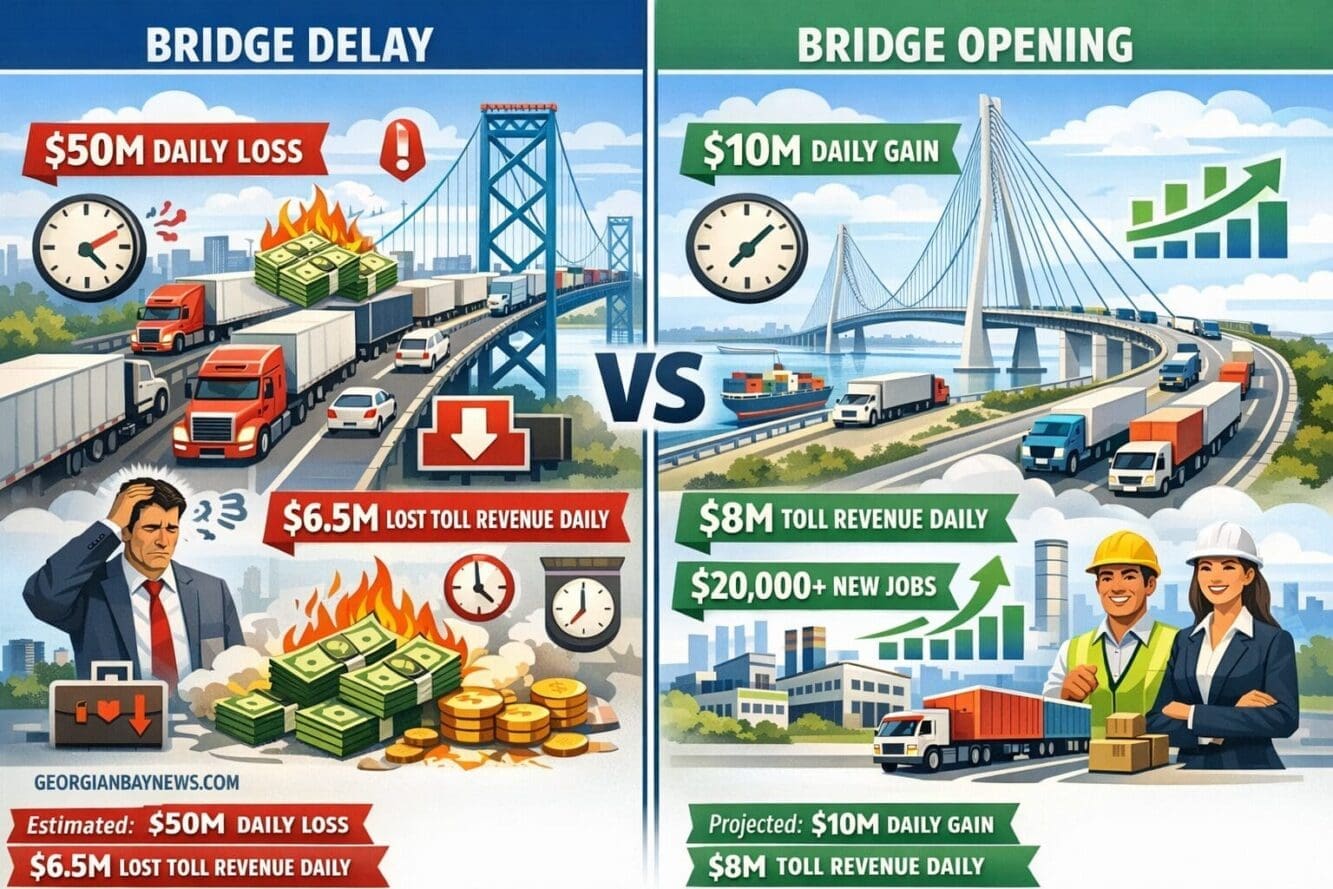 Include the text: GEORGIANBAYNEWS.COM, in each image in a discreet fashion. Landscape format (1536x1024) split-screen comparison illustratio