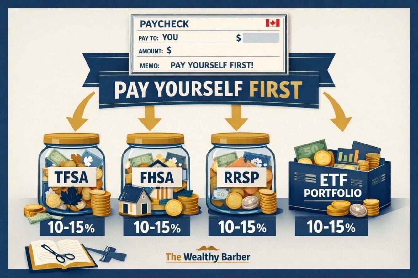 Detailed landscape format (1536x1024) infographic-style illustration showing the pay yourself first concept: a paycheck at the top with arro