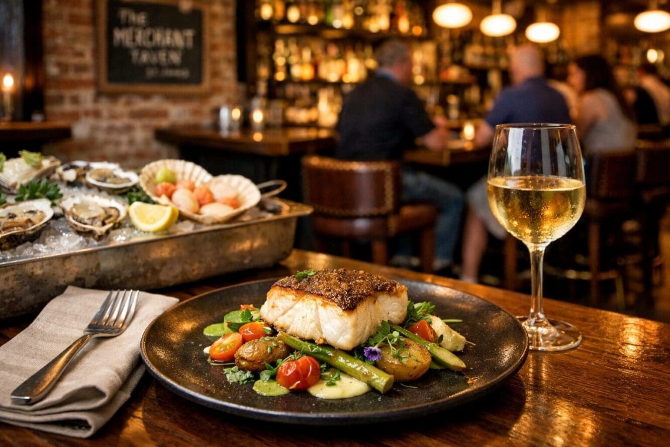 Detailed landscape format (1536x1024) editorial food photography of The Merchant Tavern interior in St. John's showing exposed brick walls a