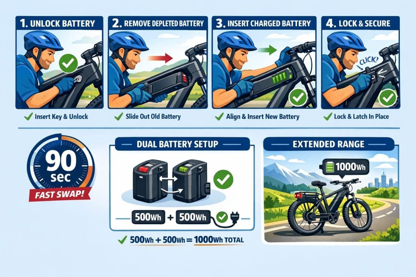 Detailed landscape format (1536x1024) infographic showing step-by-step modular battery swap process for e-bike riders. Visual sequence: 1) R