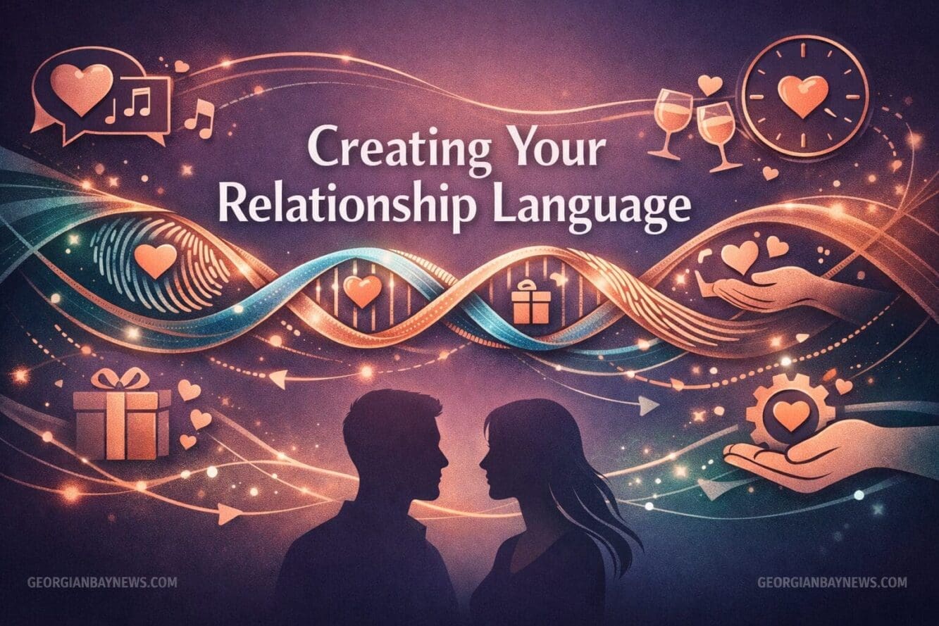 Include the text: GEORGIANBAYNEWS.COM, in each image in a discreet fashion. Landscape format (1536x1024) conceptual illustration showing per