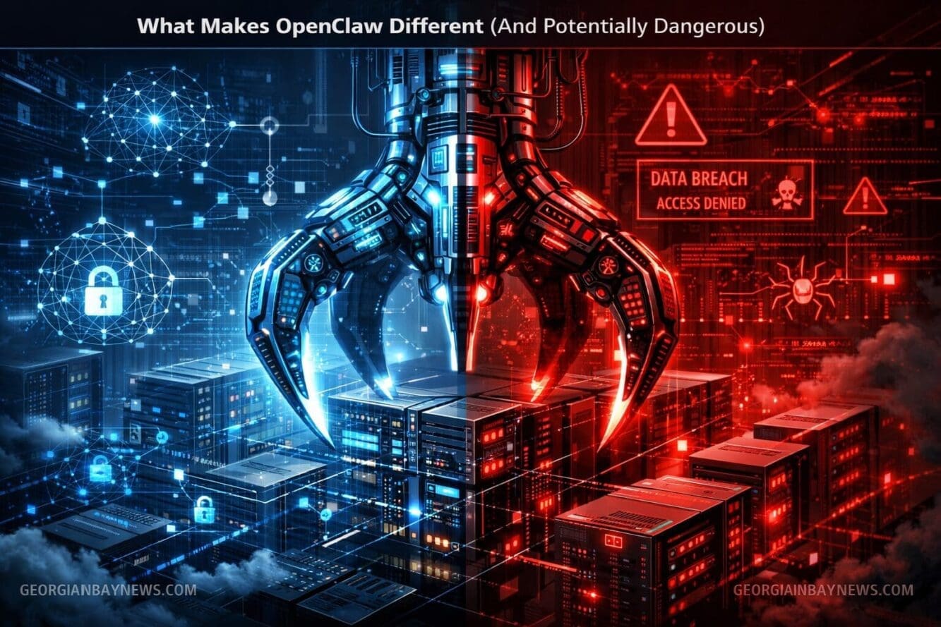 Include the text: GEORGIANBAYNEWS.COM, in each image in a discreet fashion. Section 3: 'What Makes OpenClaw Different (And Potentially Dange