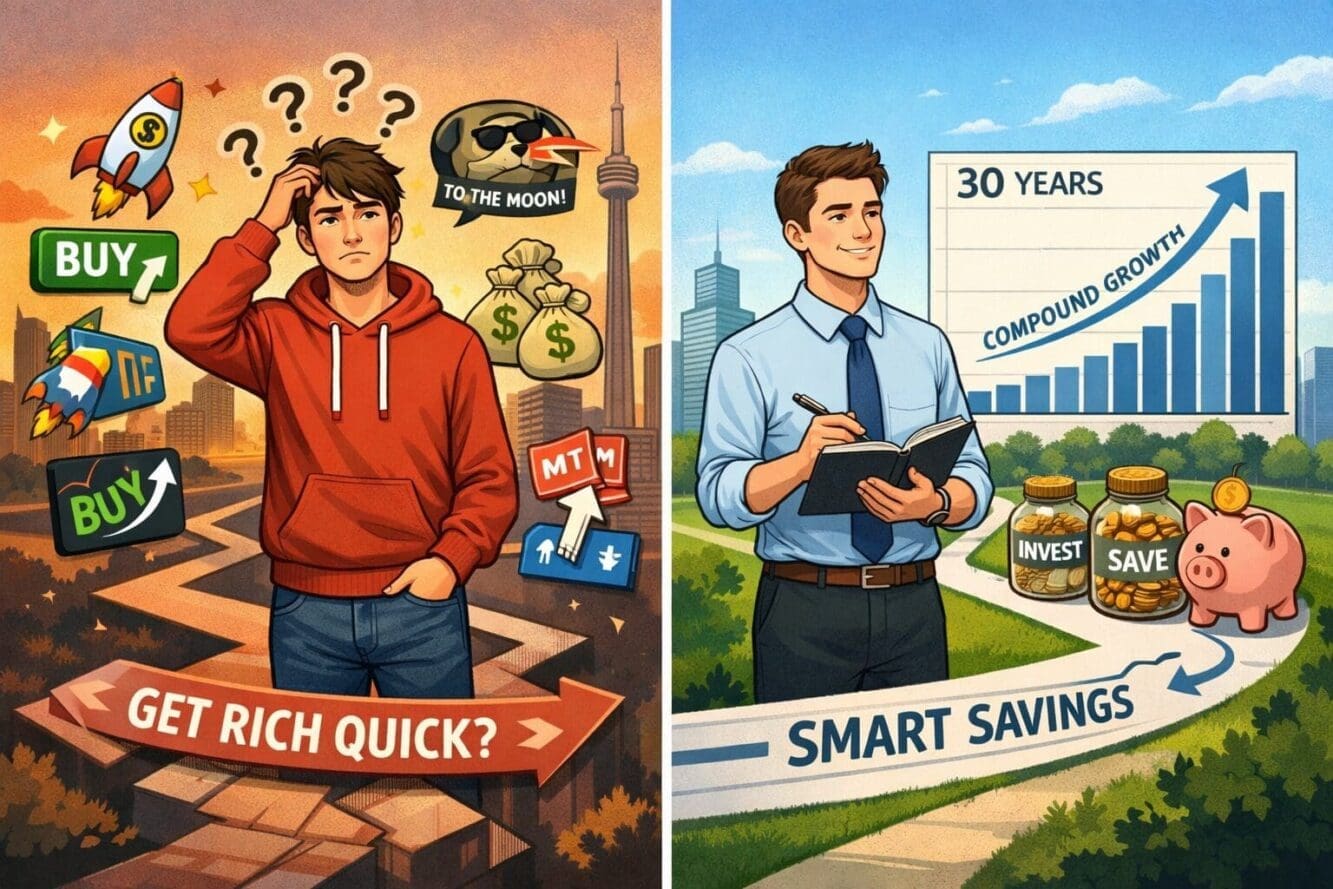 Detailed landscape format (1536x1024) comparison visual showing two paths: on the left a confused young person surrounded by social media ic