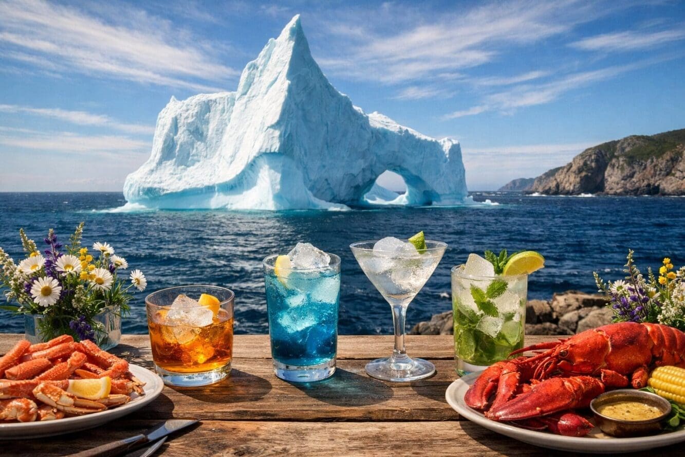 Detailed landscape format (1536x1024) editorial photograph of a dramatic iceberg floating in Iceberg Alley off the Newfoundland coast with d