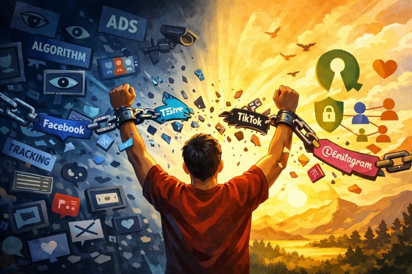Detailed landscape format (1536x1024) editorial illustration showing a person breaking free from chains made of smartphone screens and socia