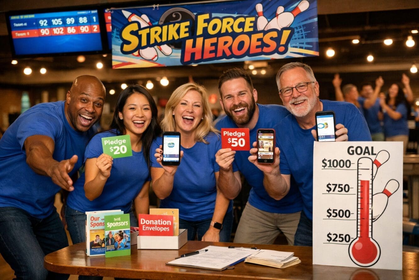 () image showing diverse group of five enthusiastic team members in matching custom t-shirts gathered around bowling lane,