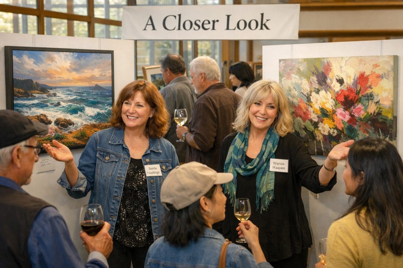 () image showing intimate artist spotlight moment with two female artists standing beside their displayed artwork in bright