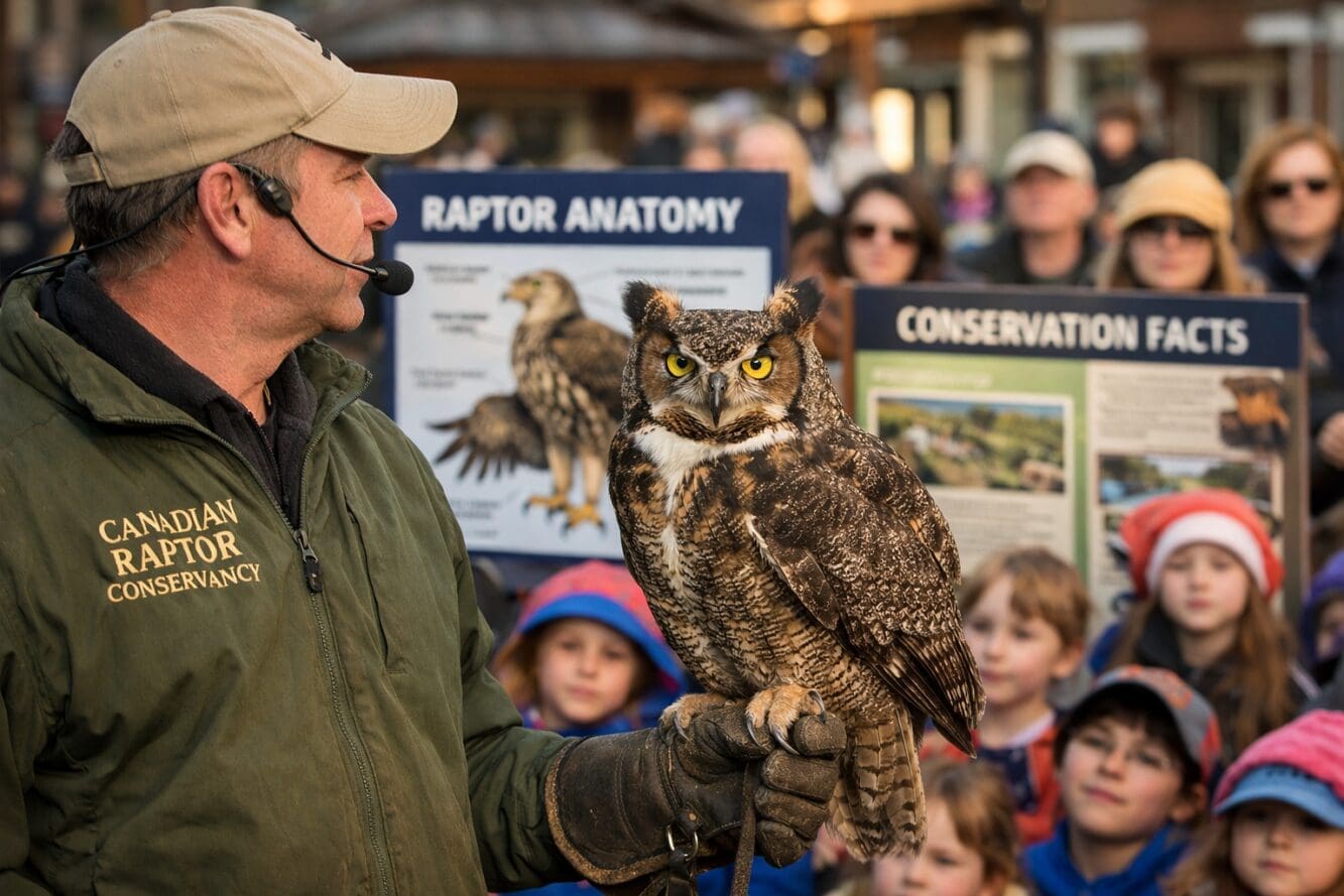 () editorial image showing close-up of professional falconer from Canadian Raptor Conservancy holding large owl on gloved