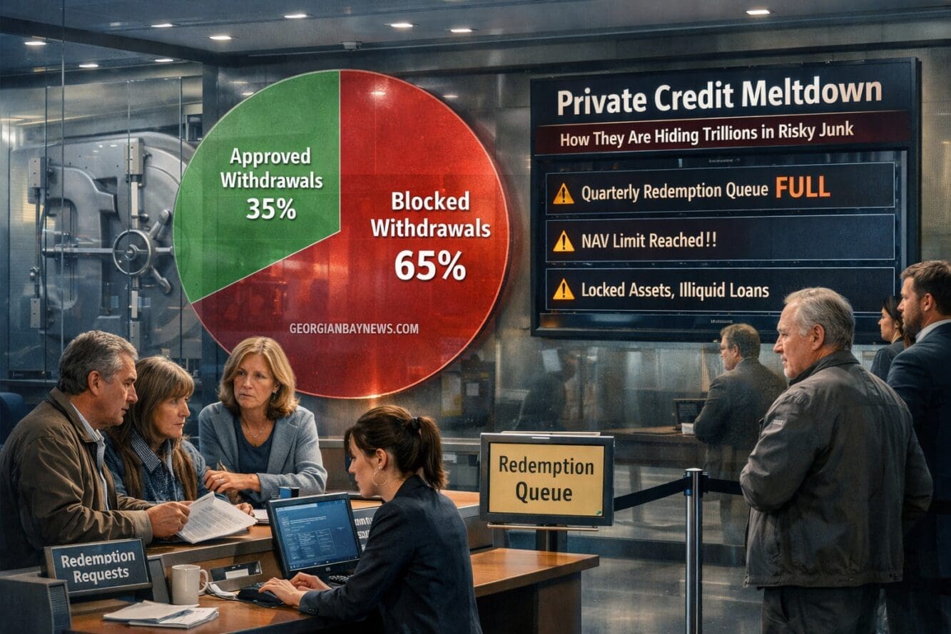 Include the text: GEORGIANBAYNEWS.COM, in each image in a discreet fashion. Professional () editorial finance infographic