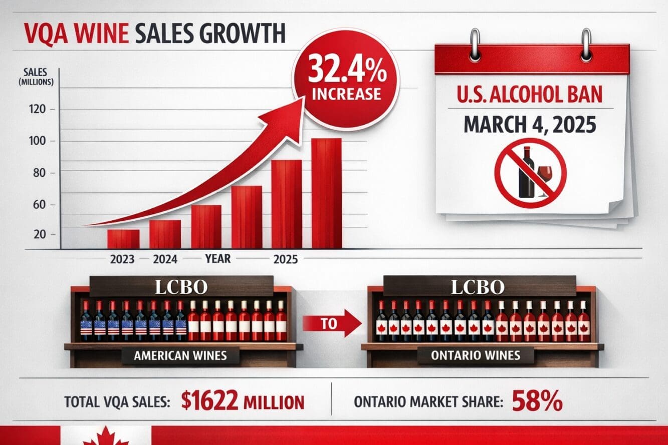 () detailed infographic showing VQA wine sales growth chart with upward arrow indicating 32.4% increase, calendar marking