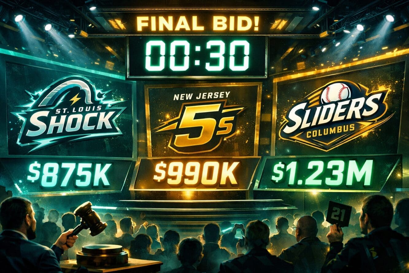 Detailed () image showing dramatic auction-style bidding scene with three team logos (St. Louis Shock, New Jersey 5s,