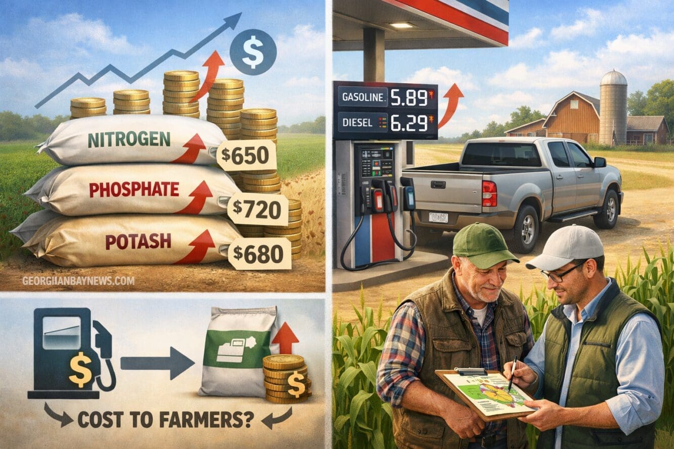 Professional editorial infographic-style image focused on fertilizer cost pressure in 2026. Show a split scene: on the left,