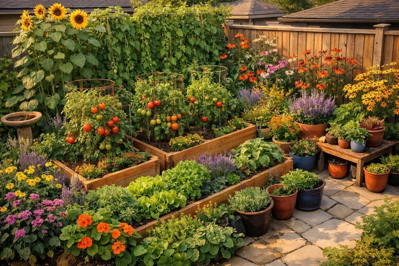 Detailed () editorial illustration showing a compact Canadian urban backyard transformed into a maximalist layered vegetable