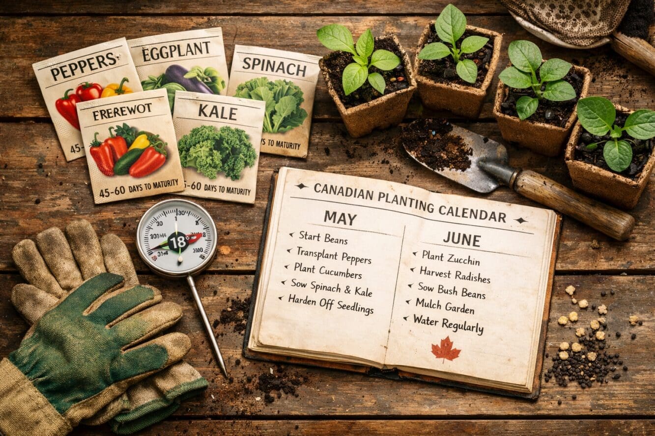Overhead flat-lay () image of a rustic wooden potting bench covered with seed packets labeled '45-60 days to maturity',
