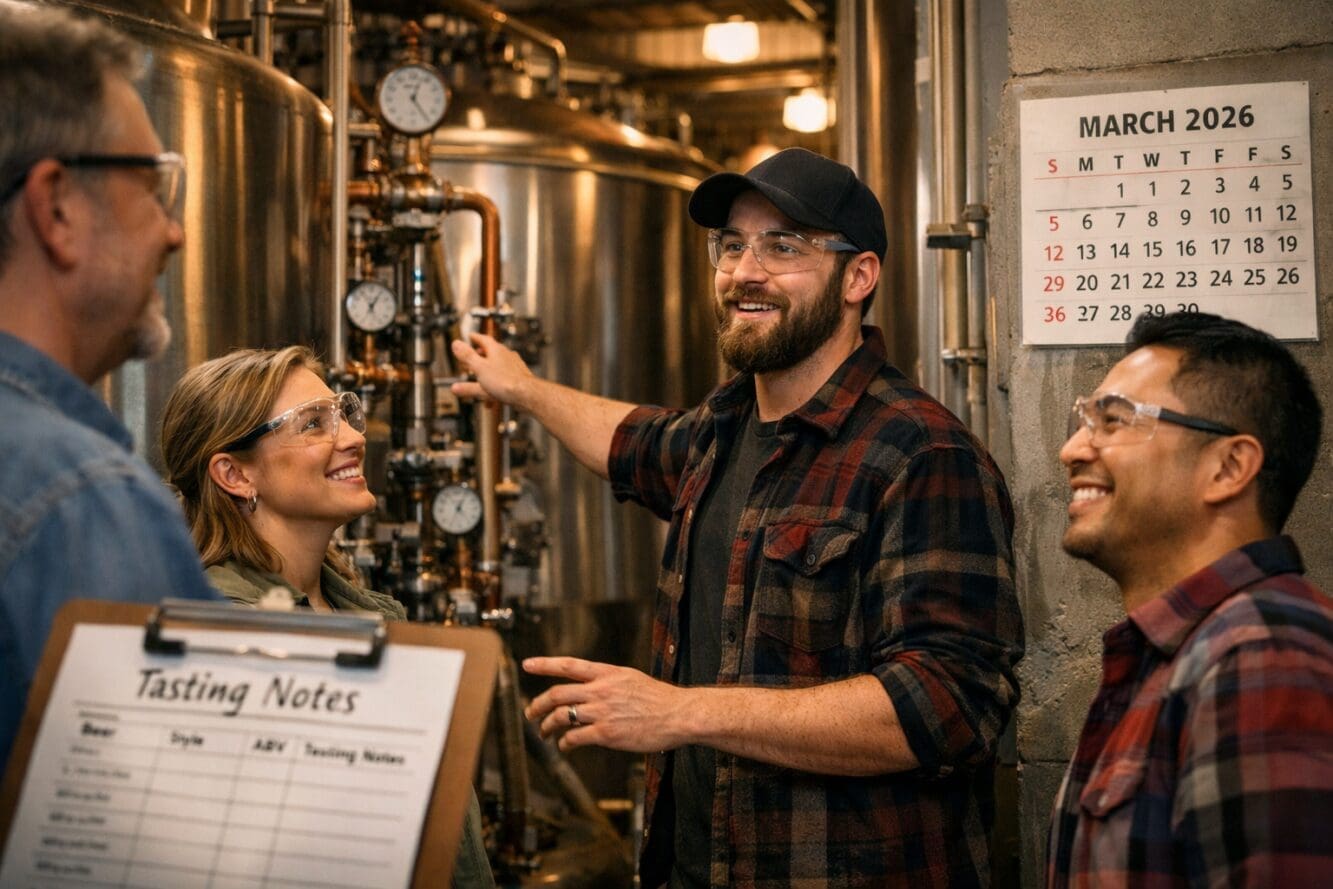 () editorial image showing brewery tour guide leading small group through production facility, visitors wearing safety