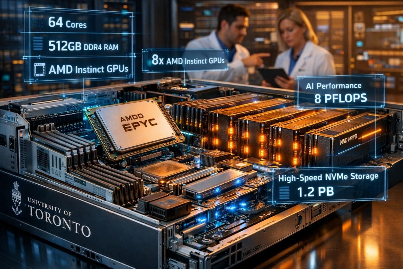 () detailed cutaway view of modern AI server infrastructure showing AMD processors and GPU arrays with glowing components,