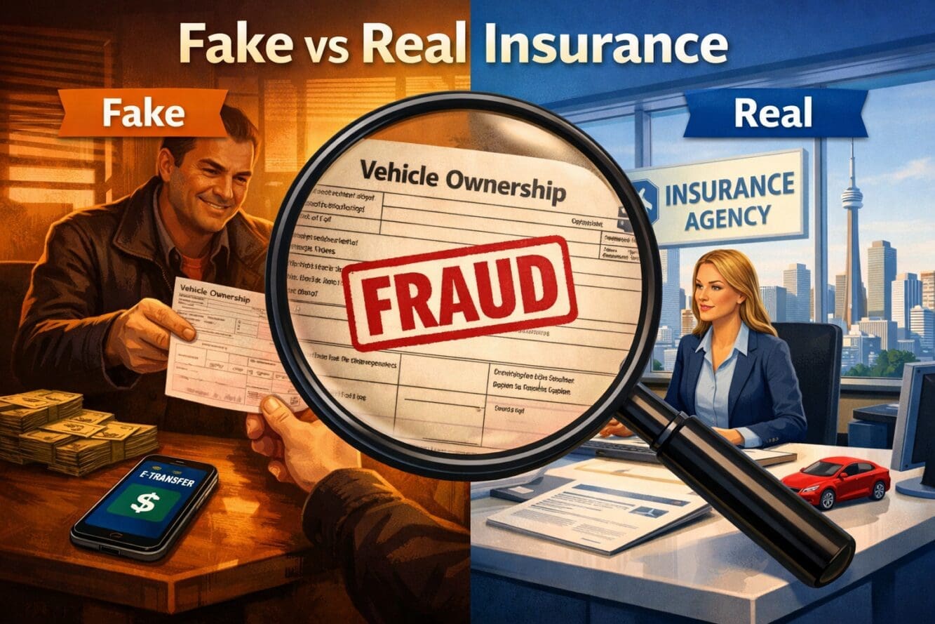 () editorial illustration showing a split-screen concept: left side depicts a fraudulent insurance broker handing over a