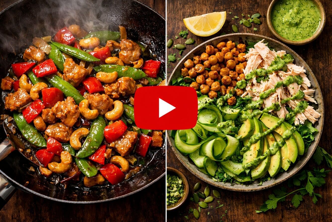 () split-scene editorial food photography: left side shows a close-up wok shot from above with glossy cashew chicken