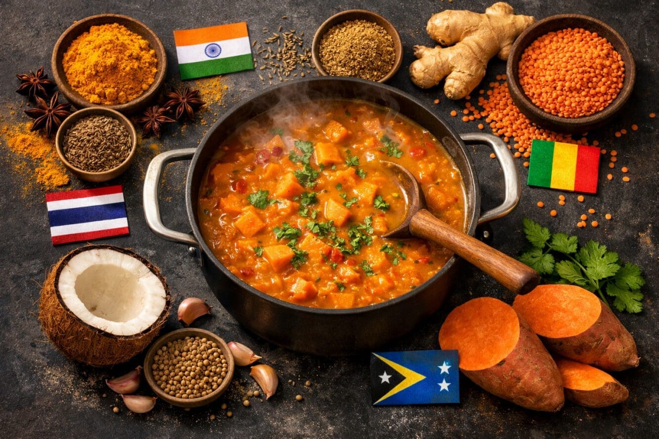 () editorial composite image showing a flat-lay overhead shot of a steaming pot of coconut sweet potato lentil soup on a