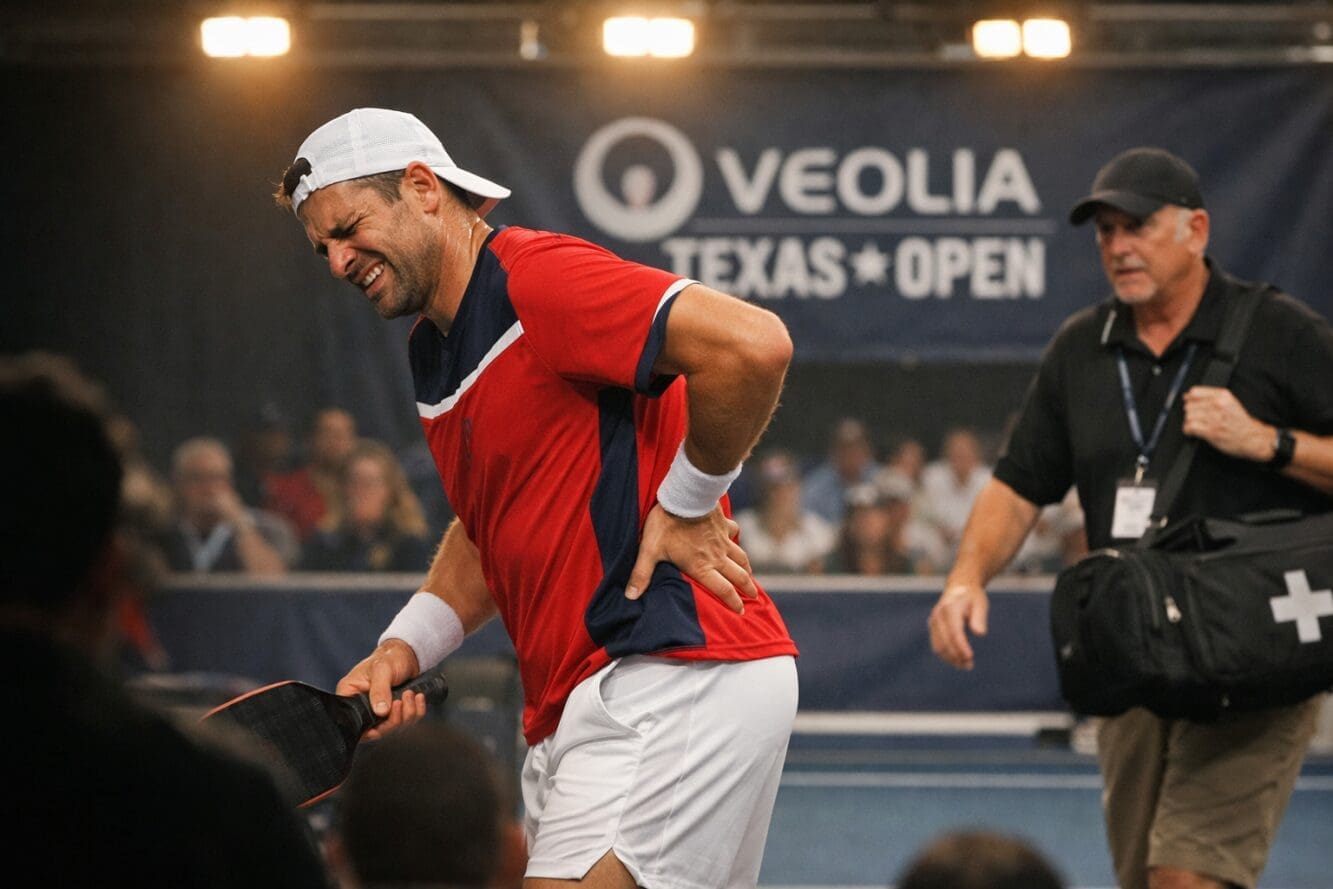() image showing professional pickleball player in athletic gear holding lower back in visible discomfort on tournament