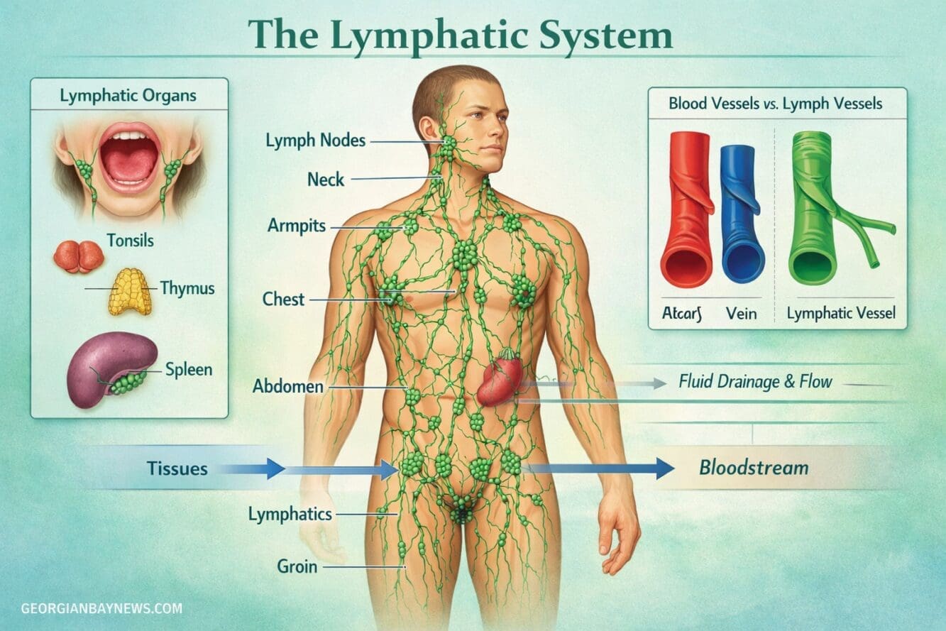 Professional editorial infographic illustration focused on the Lymphatic System, visually unique cutaway anatomy scene