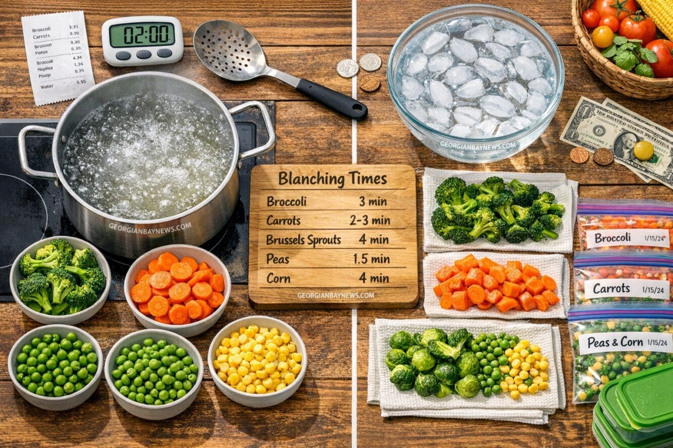 () editorial infographic-style kitchen scene focused on Blanching vegetables from a top-down angle. Show a divided