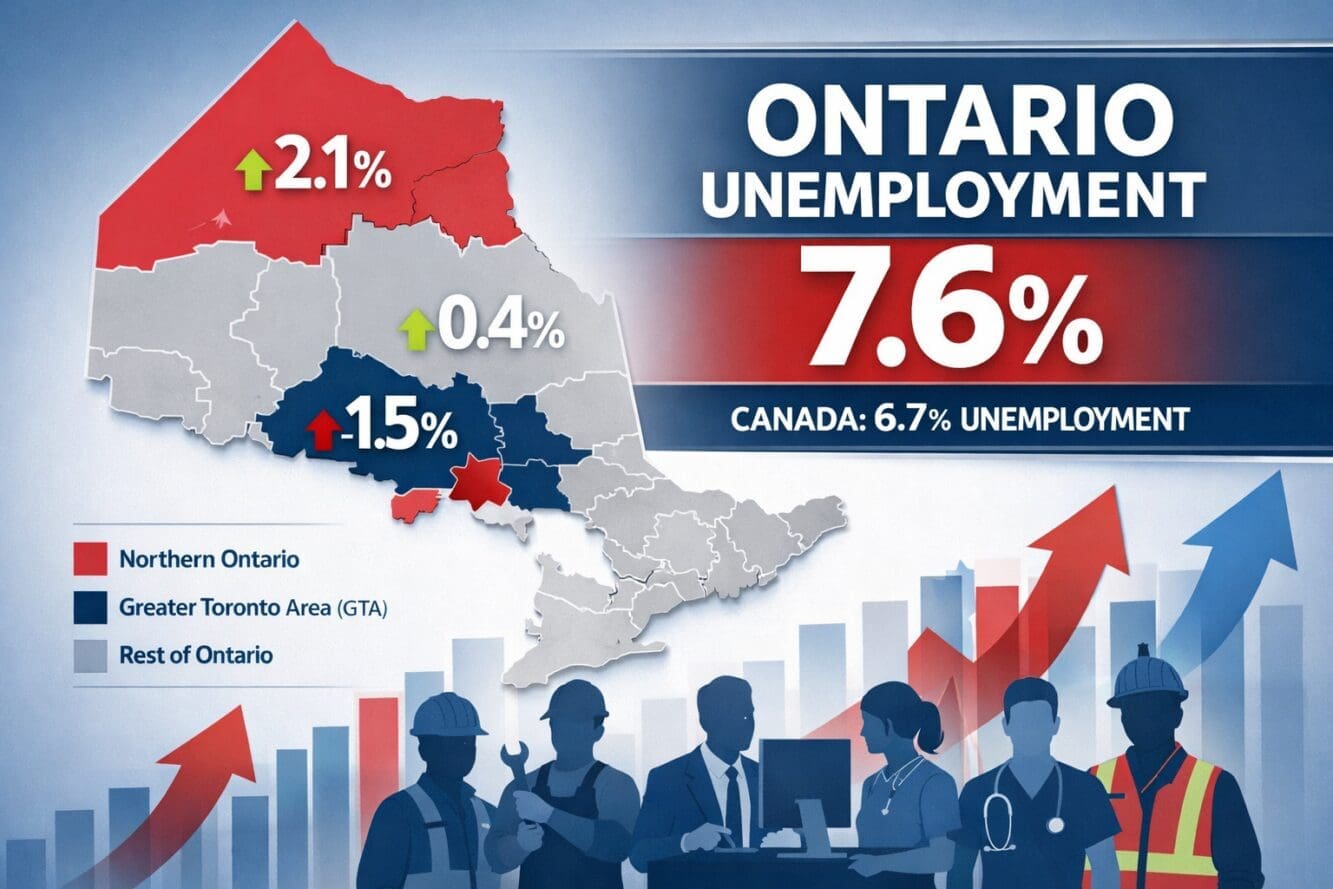 () editorial infographic showing Ontario map with 7.6% unemployment rate prominently displayed, contrasted against Canada's