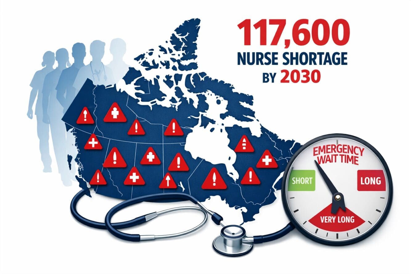 () editorial infographic-style image showing a large stylized map of Canada with red warning icons scattered across