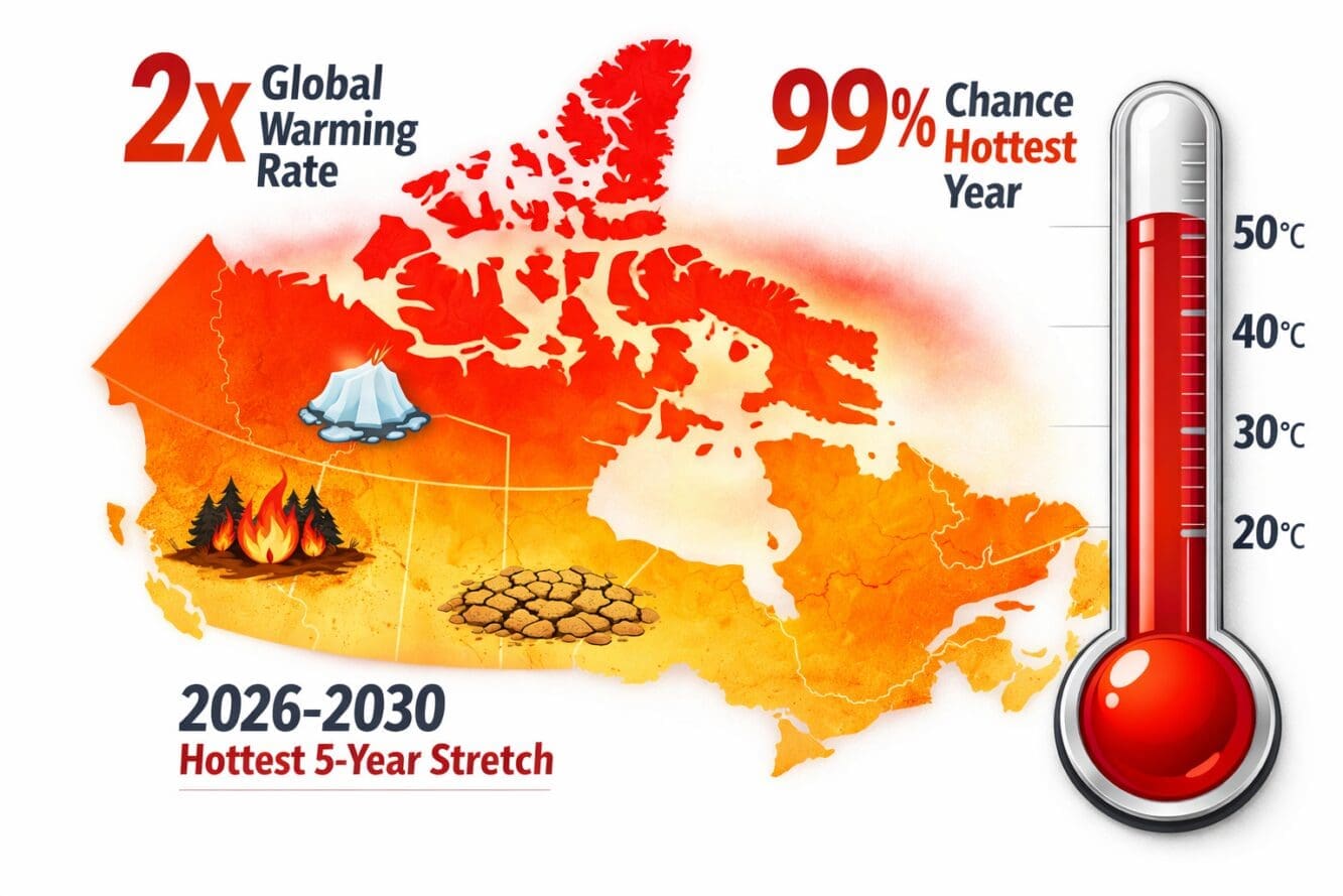 Detailed () editorial infographic-style image showing a large thermometer graphic rising against a map of Canada with heat