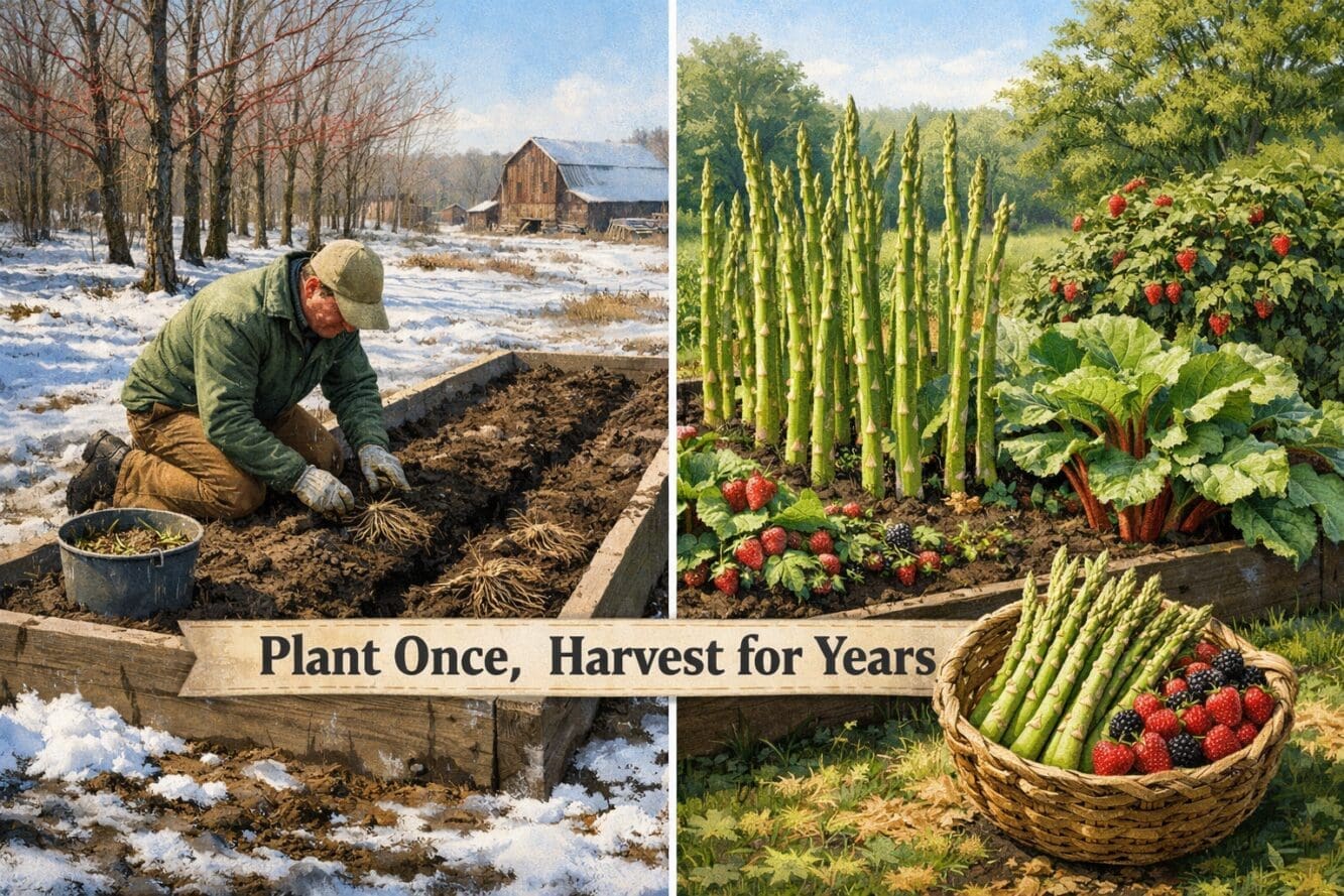 Wide () editorial illustration showing a split-panel comparison: left side depicts a gardener planting asparagus crowns in a