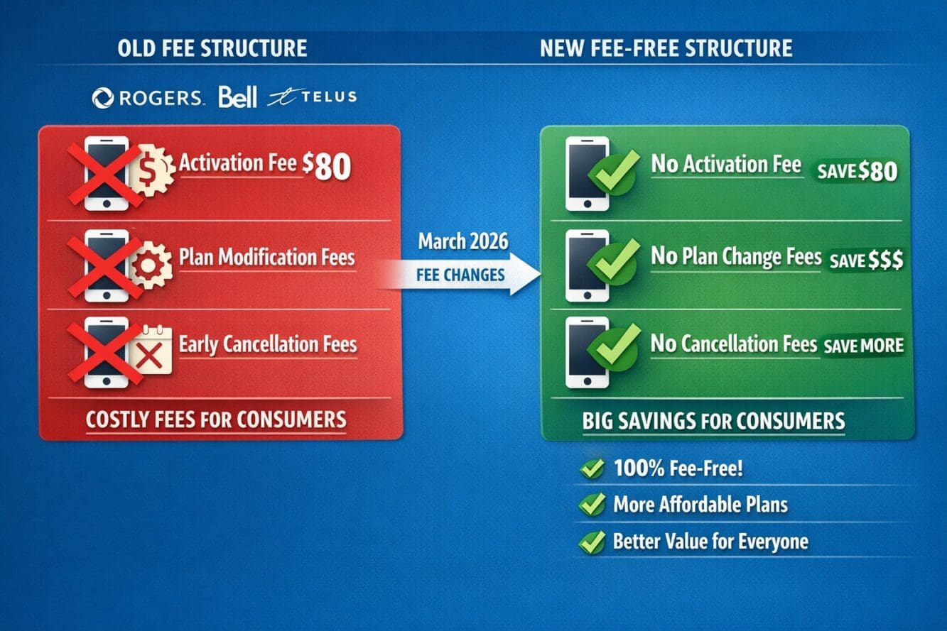 () infographic showing three banned fee categories with red X marks over each: activation fees ($80), plan modification