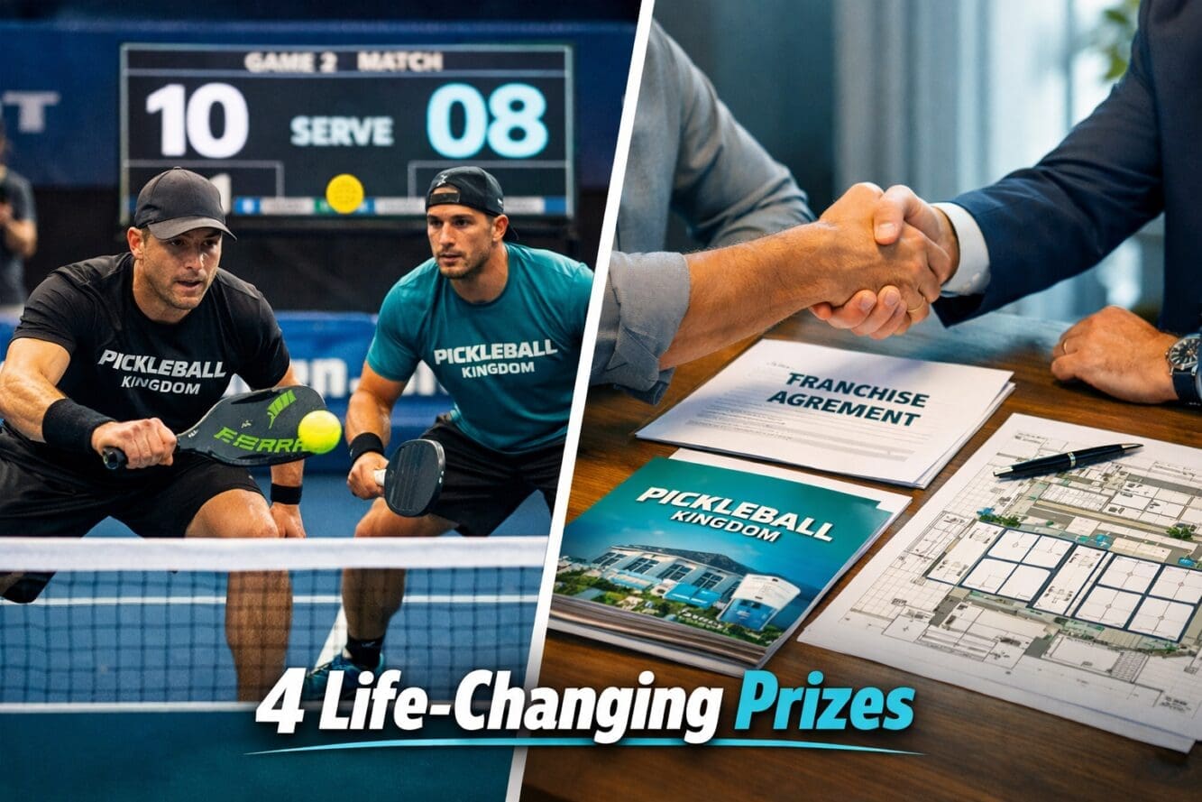 () editorial image showing split-screen composition: left side features intense pickleball match action with two athletic