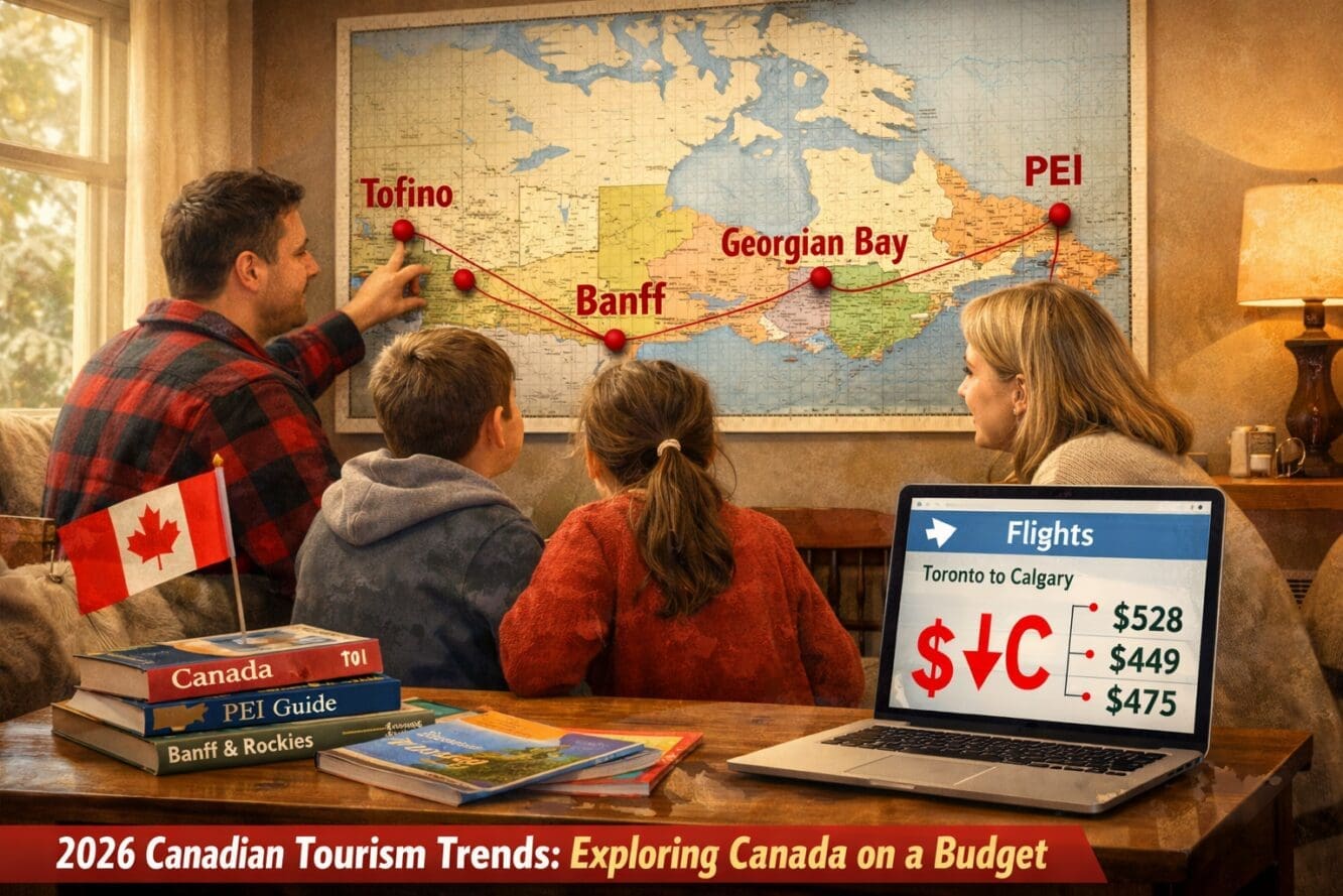 () editorial infographic-style image showing a Canadian family looking at a large wall map of Canada with pins and string