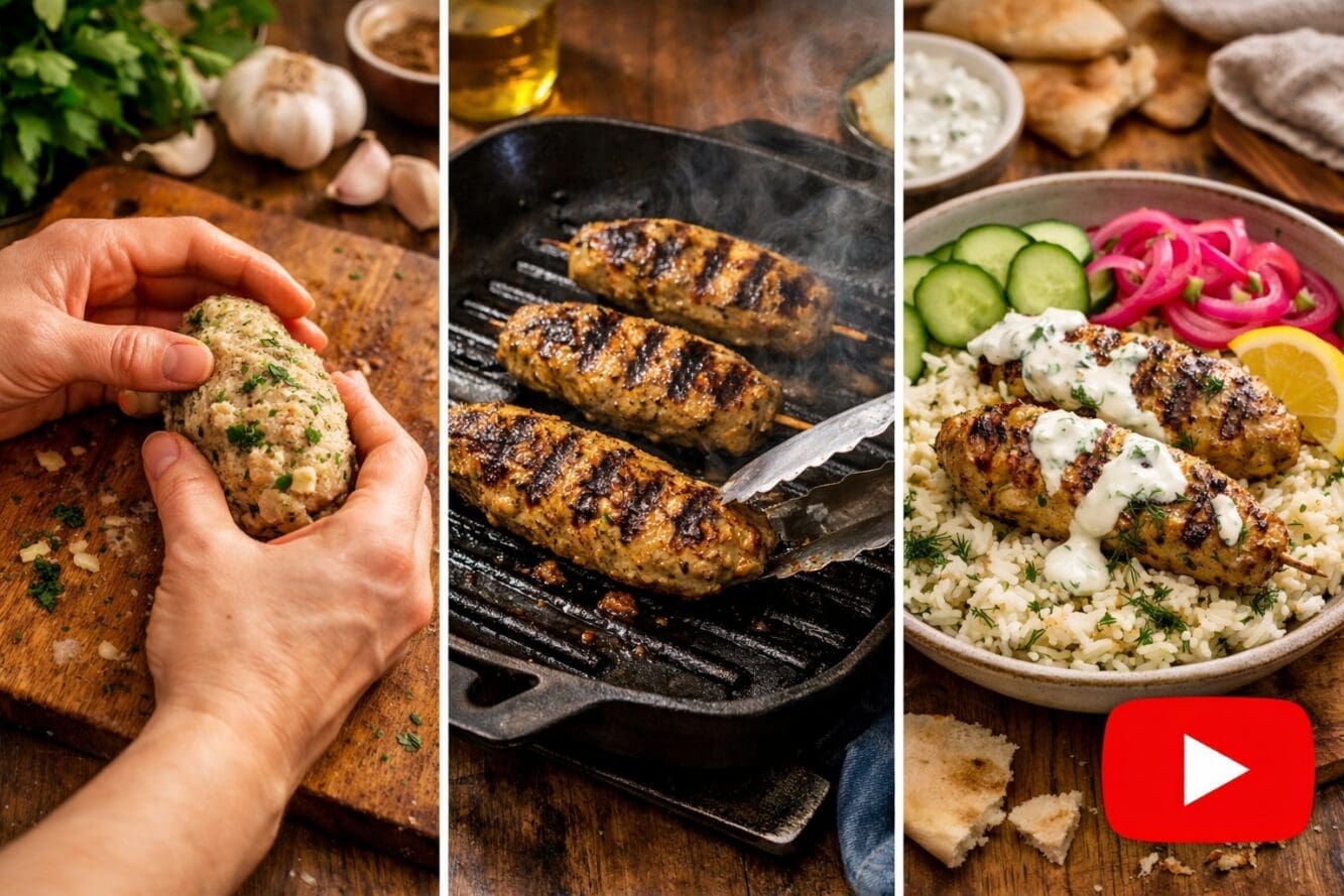Detailed () editorial food photography image showing a step-by-step YouTube-style split composition: left panel displays raw