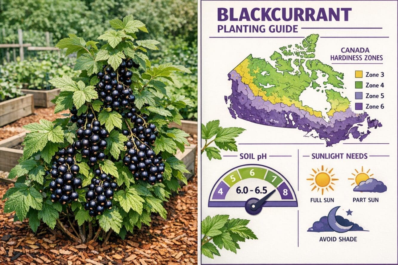 Detailed () editorial image showing a split-panel comparison: left side displays a thriving blackcurrant shrub (Titania or