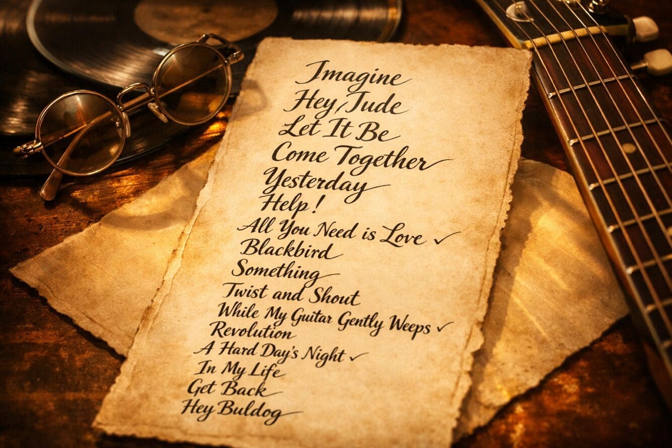 () editorial image showing detailed concert setlist on vintage paper with handwritten Beatles song titles including